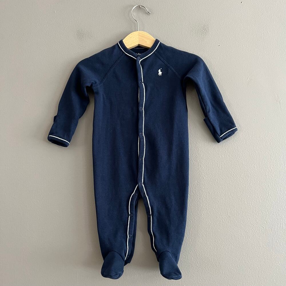 Ralph Lauren Baby Footie French Navy White Stitching 6M Cotton Sleeper Pajamas